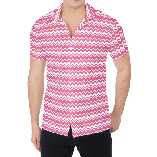 Pink And White Zigzag Pattern Print Men's Shirt