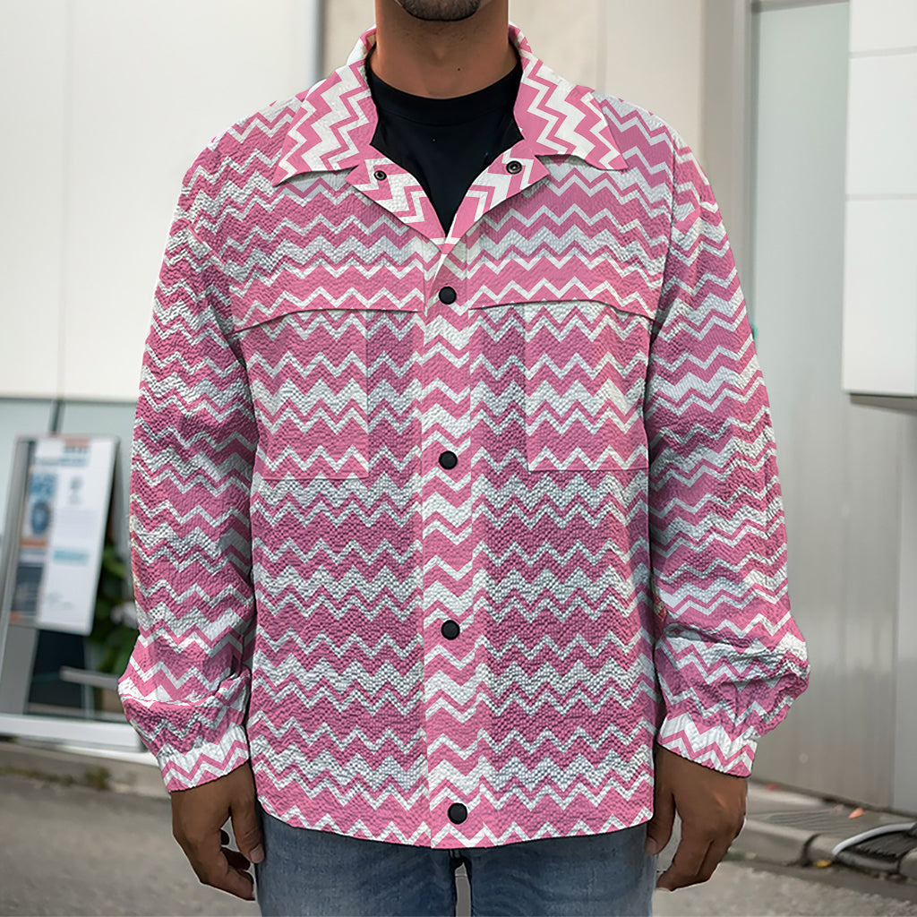 Pink And White Zigzag Pattern Print Men's Shirt Jacket