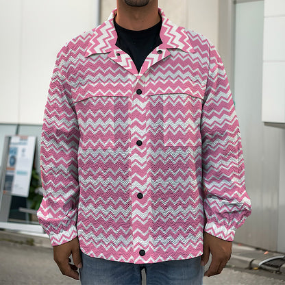 Pink And White Zigzag Pattern Print Men's Shirt Jacket