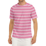 Pink And White Zigzag Pattern Print Men's Short Sleeve Rash Guard