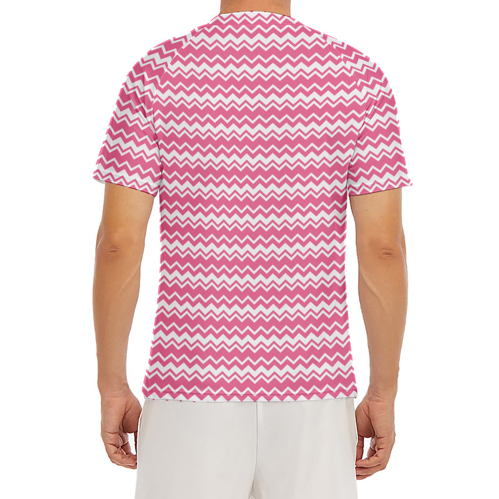 Pink And White Zigzag Pattern Print Men's Short Sleeve Rash Guard