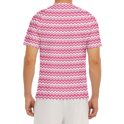 Pink And White Zigzag Pattern Print Men's Short Sleeve Rash Guard