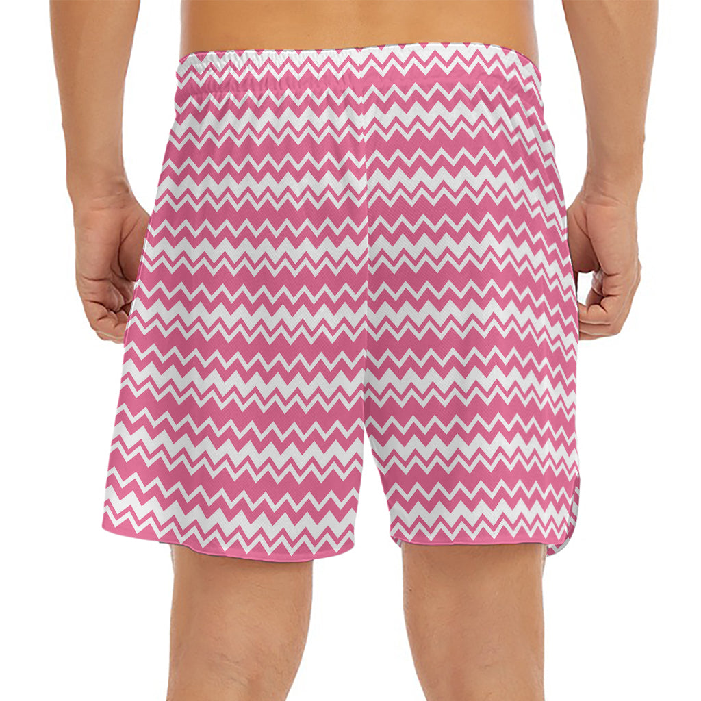 Pink And White Zigzag Pattern Print Men's Split Running Shorts