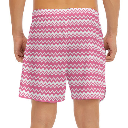 Pink And White Zigzag Pattern Print Men's Split Running Shorts