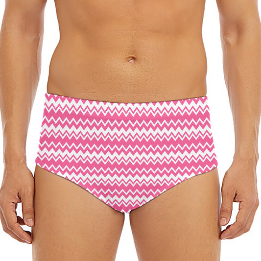 Pink And White Zigzag Pattern Print Men's Triangle Swim Briefs