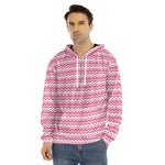 Pink And White Zigzag Pattern Print Men's Velvet Pullover Hoodie