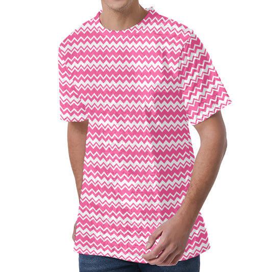 Pink And White Zigzag Pattern Print Men's Velvet T-Shirt