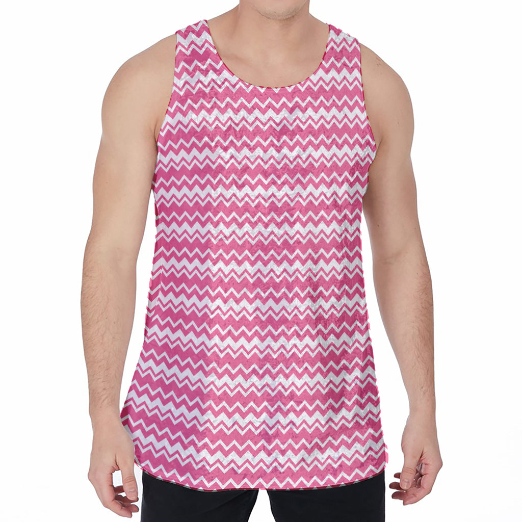 Pink And White Zigzag Pattern Print Men's Velvet Tank Top