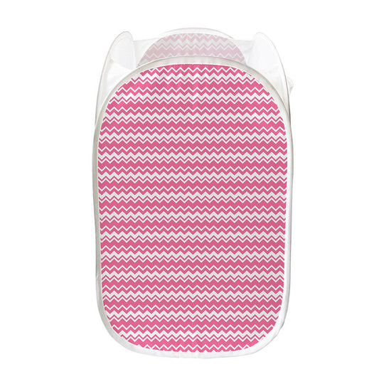 Pink And White Zigzag Pattern Print Mesh Laundry Hamper