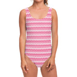 Pink And White Zigzag Pattern Print One Piece Swimsuit