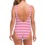 Pink And White Zigzag Pattern Print One Piece Swimsuit