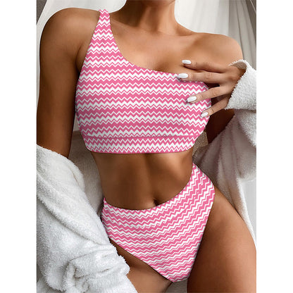 Pink And White Zigzag Pattern Print One Shoulder Bikini Top