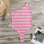 Pink And White Zigzag Pattern Print One Shoulder Bodysuit