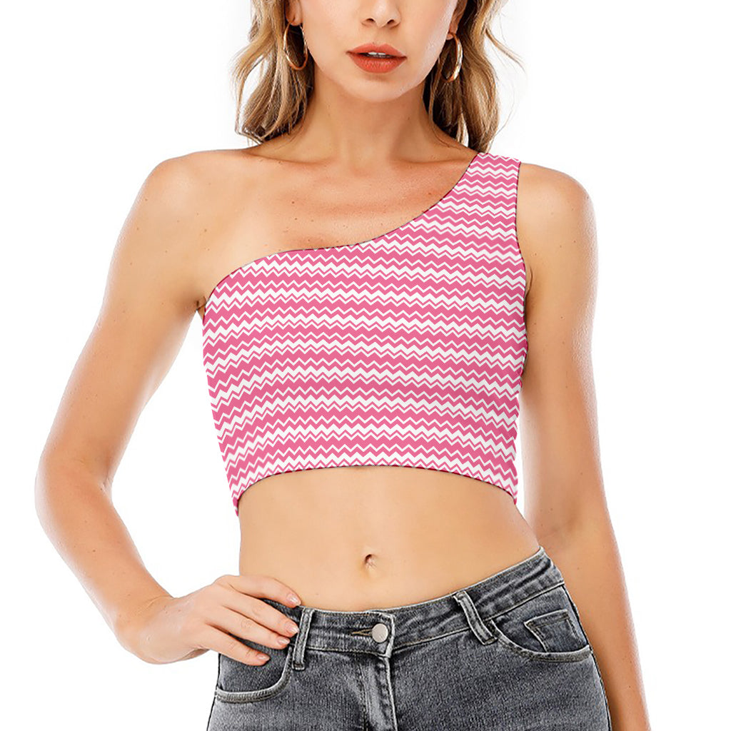 Pink And White Zigzag Pattern Print One Shoulder Crop Top