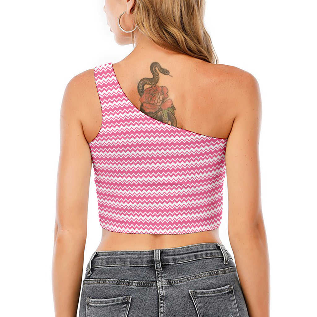 Pink And White Zigzag Pattern Print One Shoulder Crop Top