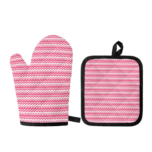 Pink And White Zigzag Pattern Print Oven Mitt And Pot Holder Set