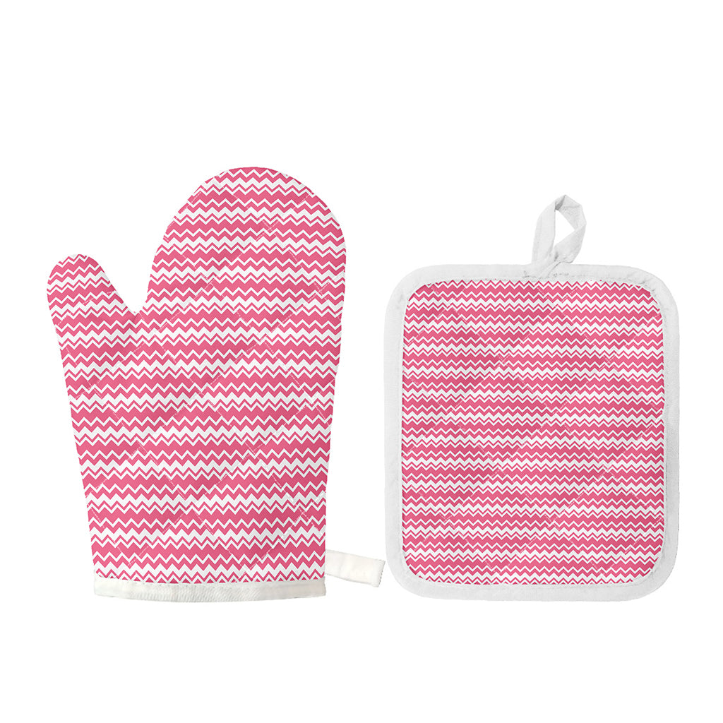 Pink And White Zigzag Pattern Print Oven Mitt And Pot Holder Set