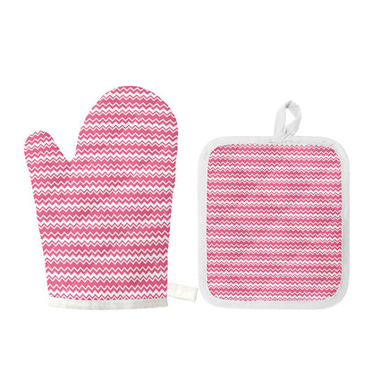 Pink And White Zigzag Pattern Print Oven Mitt And Pot Holder Set