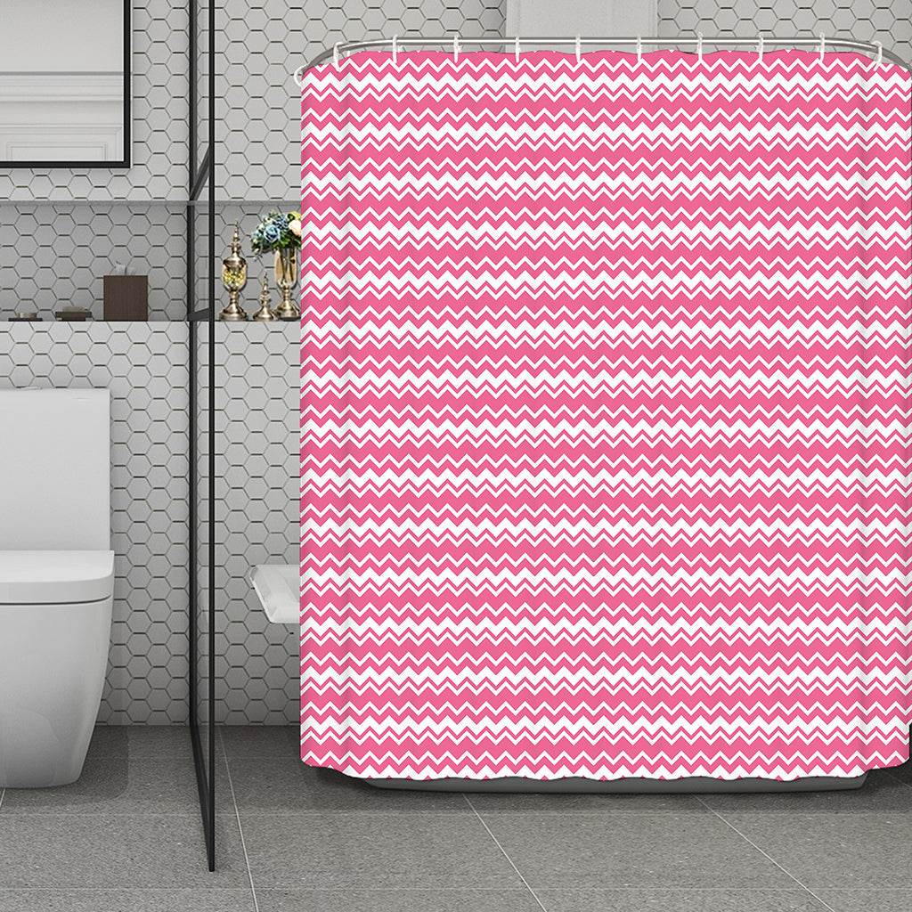 Pink And White Zigzag Pattern Print Polyester Shower Curtain
