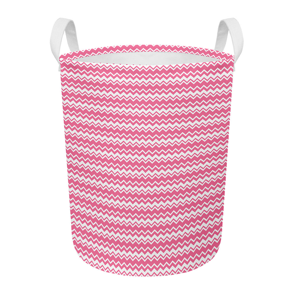 Pink And White Zigzag Pattern Print Round Laundry Basket