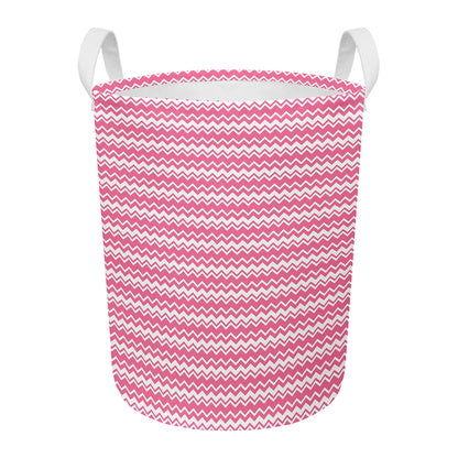 Pink And White Zigzag Pattern Print Round Laundry Basket