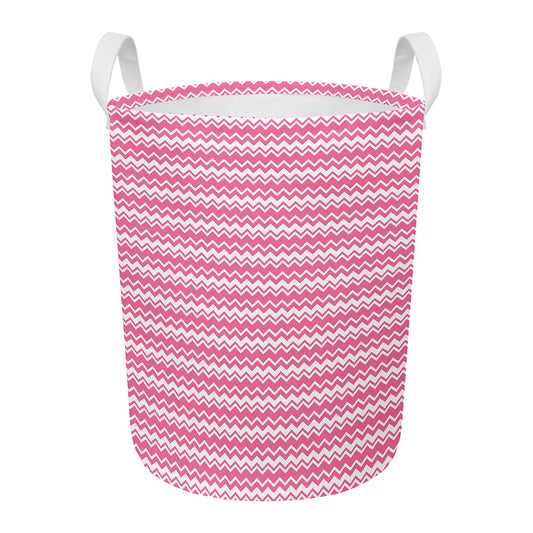 Pink And White Zigzag Pattern Print Round Laundry Basket