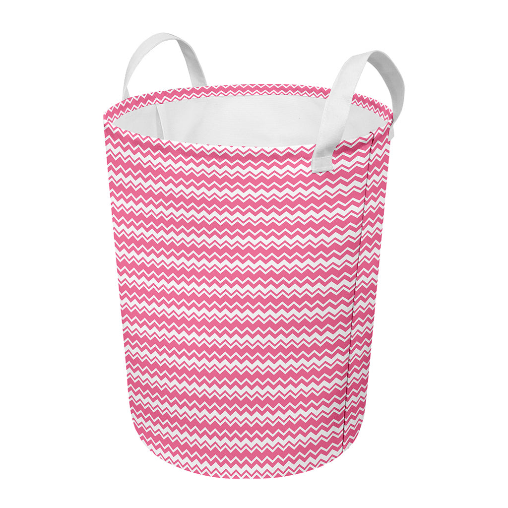 Pink And White Zigzag Pattern Print Round Laundry Basket