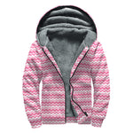 Pink And White Zigzag Pattern Print Sherpa Lined Zip Up Hoodie