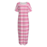 Pink And White Zigzag Pattern Print Short Sleeve Long Nightdress