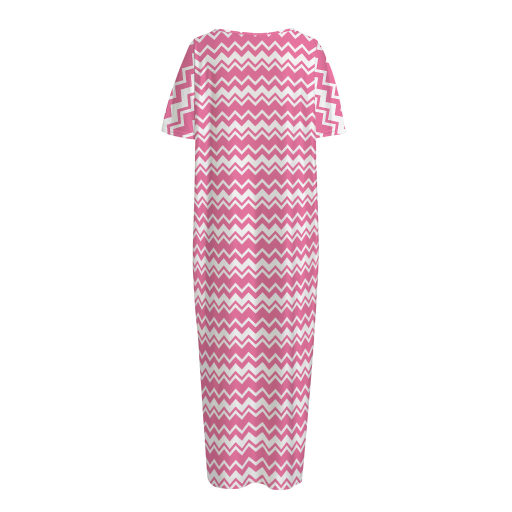 Pink And White Zigzag Pattern Print Short Sleeve Long Nightdress