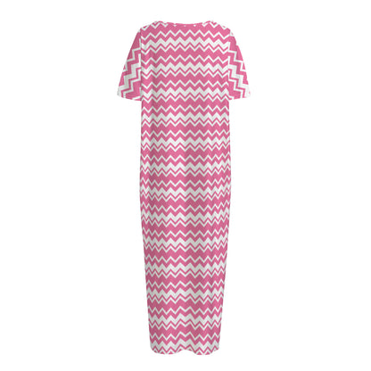 Pink And White Zigzag Pattern Print Short Sleeve Long Nightdress