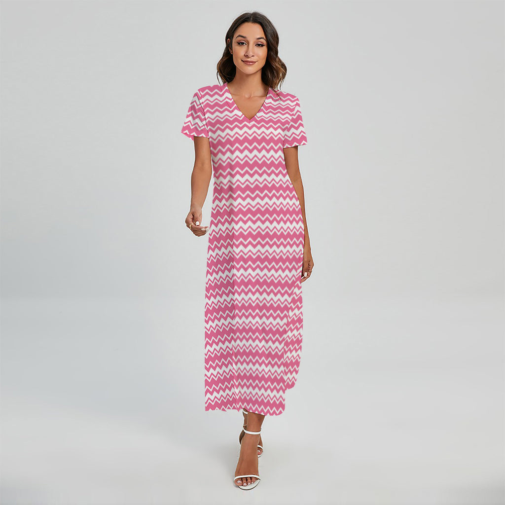 Pink And White Zigzag Pattern Print Short Sleeve Maxi Dress