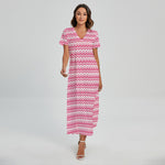 Pink And White Zigzag Pattern Print Short Sleeve Maxi Dress