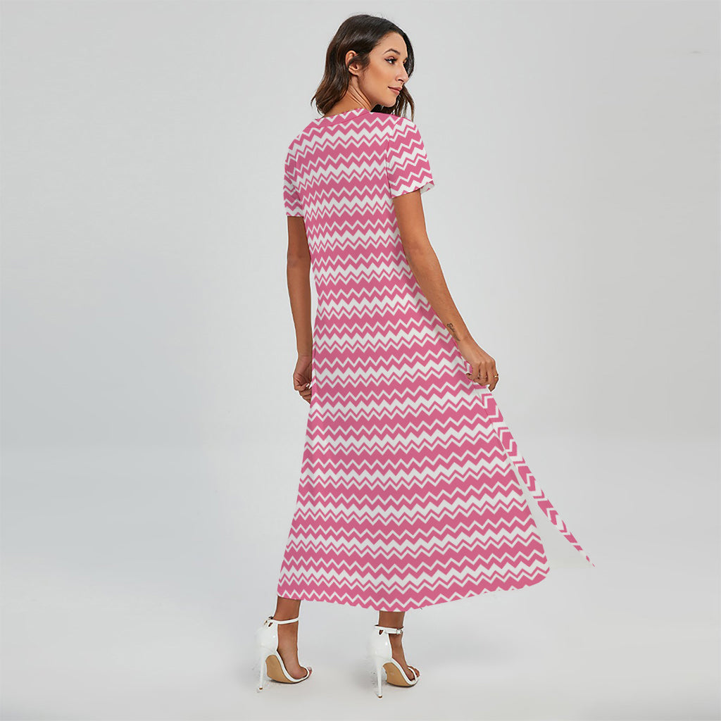 Pink And White Zigzag Pattern Print Short Sleeve Maxi Dress