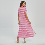 Pink And White Zigzag Pattern Print Short Sleeve Maxi Dress
