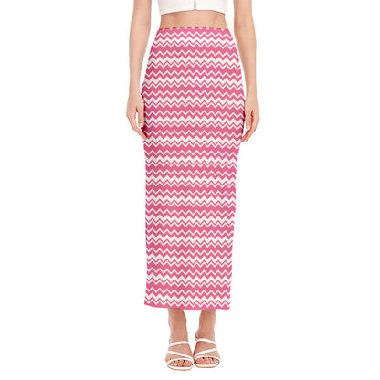 Pink And White Zigzag Pattern Print Side Slit Maxi Skirt