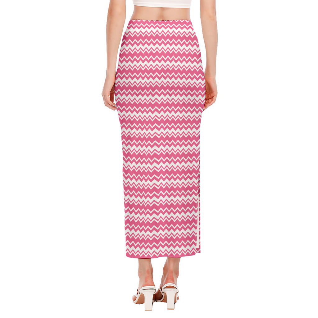 Pink And White Zigzag Pattern Print Side Slit Maxi Skirt