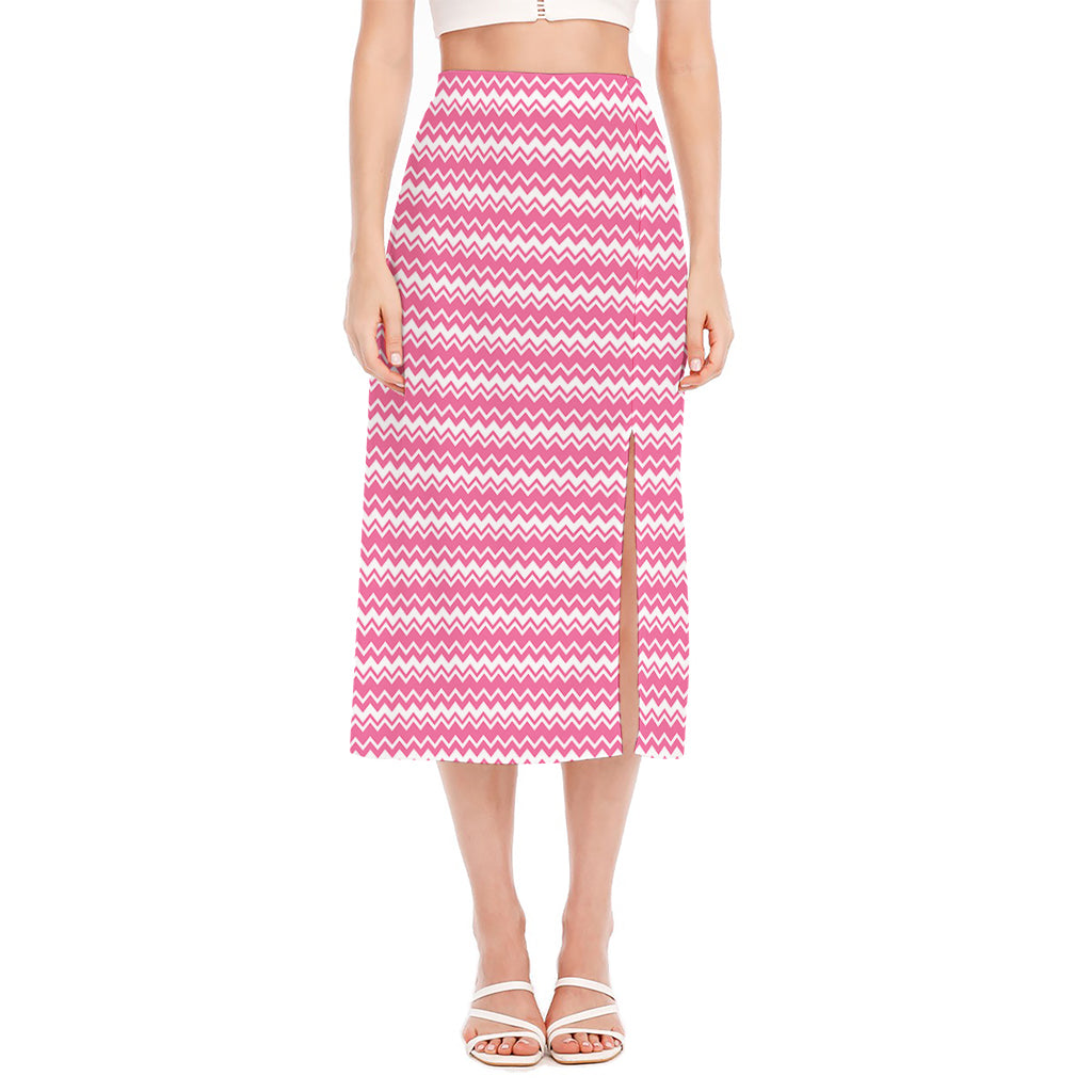 Pink And White Zigzag Pattern Print Side Slit Midi Skirt
