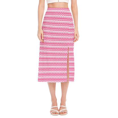 Pink And White Zigzag Pattern Print Side Slit Midi Skirt