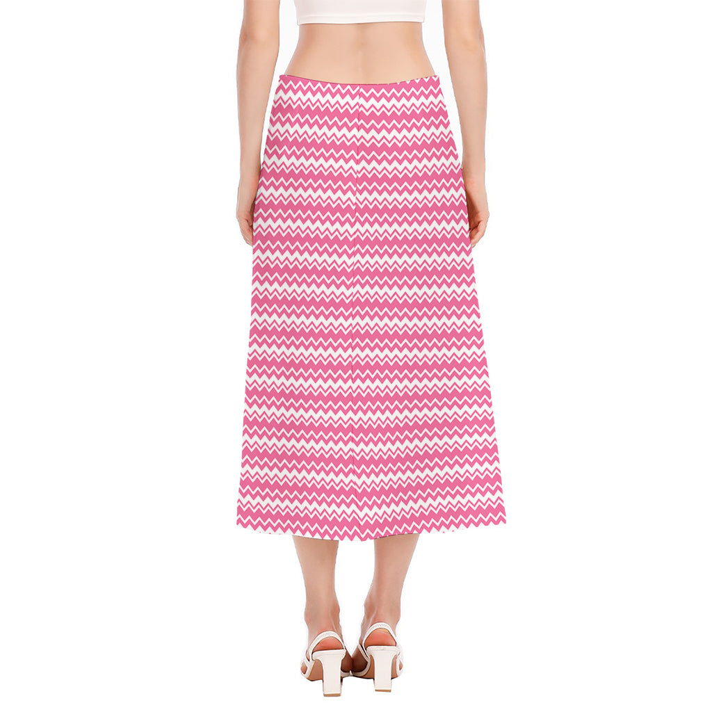 Pink And White Zigzag Pattern Print Side Slit Midi Skirt