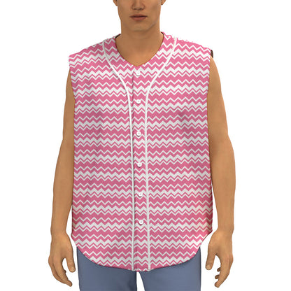 Pink And White Zigzag Pattern Print Sleeveless Baseball Jersey