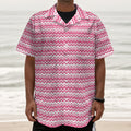 Pink And White Zigzag Pattern Print Textured Short Sleeve Shirt