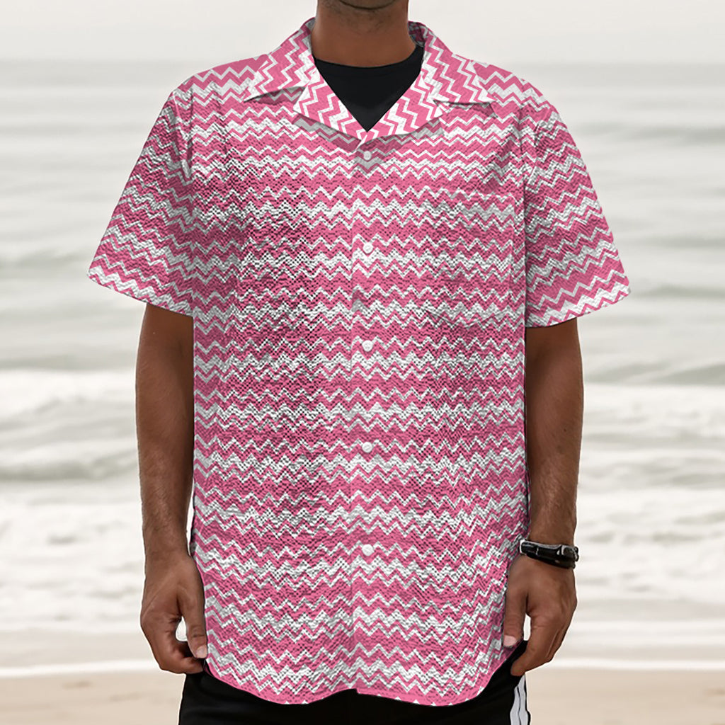 Pink And White Zigzag Pattern Print Textured Short Sleeve Shirt