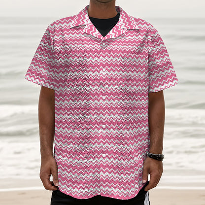 Pink And White Zigzag Pattern Print Textured Short Sleeve Shirt