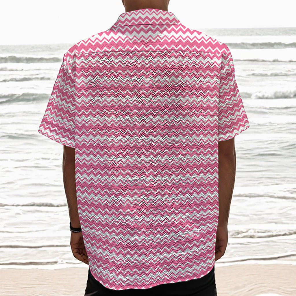 Pink And White Zigzag Pattern Print Textured Short Sleeve Shirt