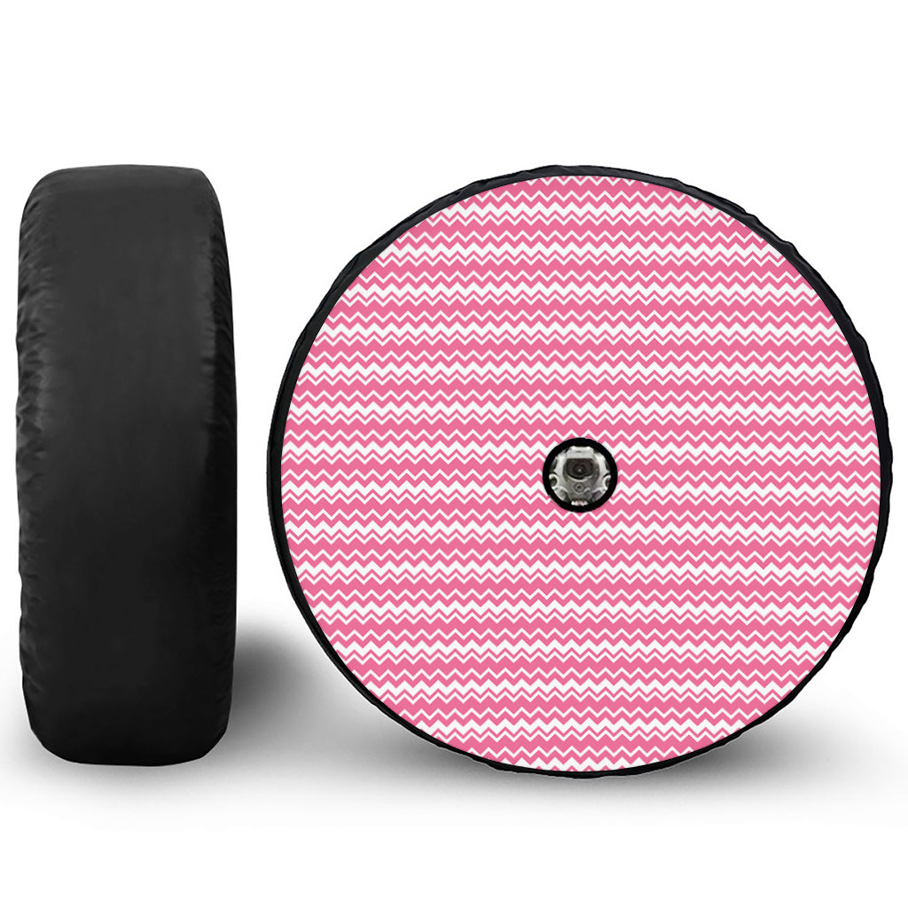 Pink And White Zigzag Pattern Print Tire Cover With Camera Hole