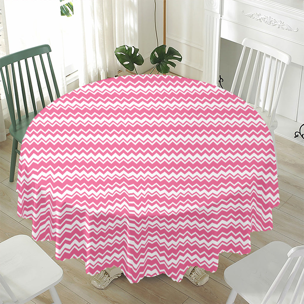 Pink And White Zigzag Pattern Print Waterproof Round Tablecloth