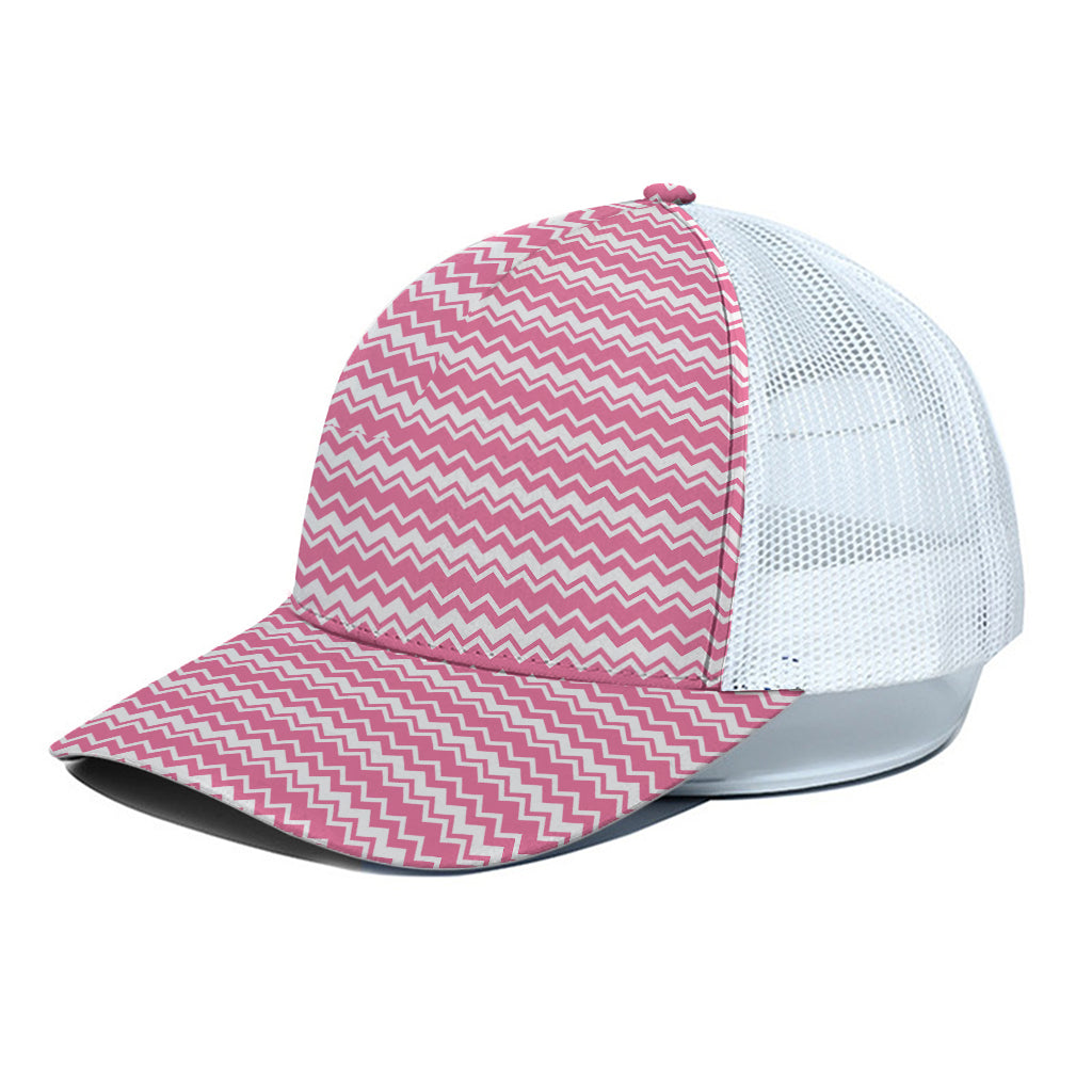 Pink And White Zigzag Pattern Print White Mesh Trucker Cap