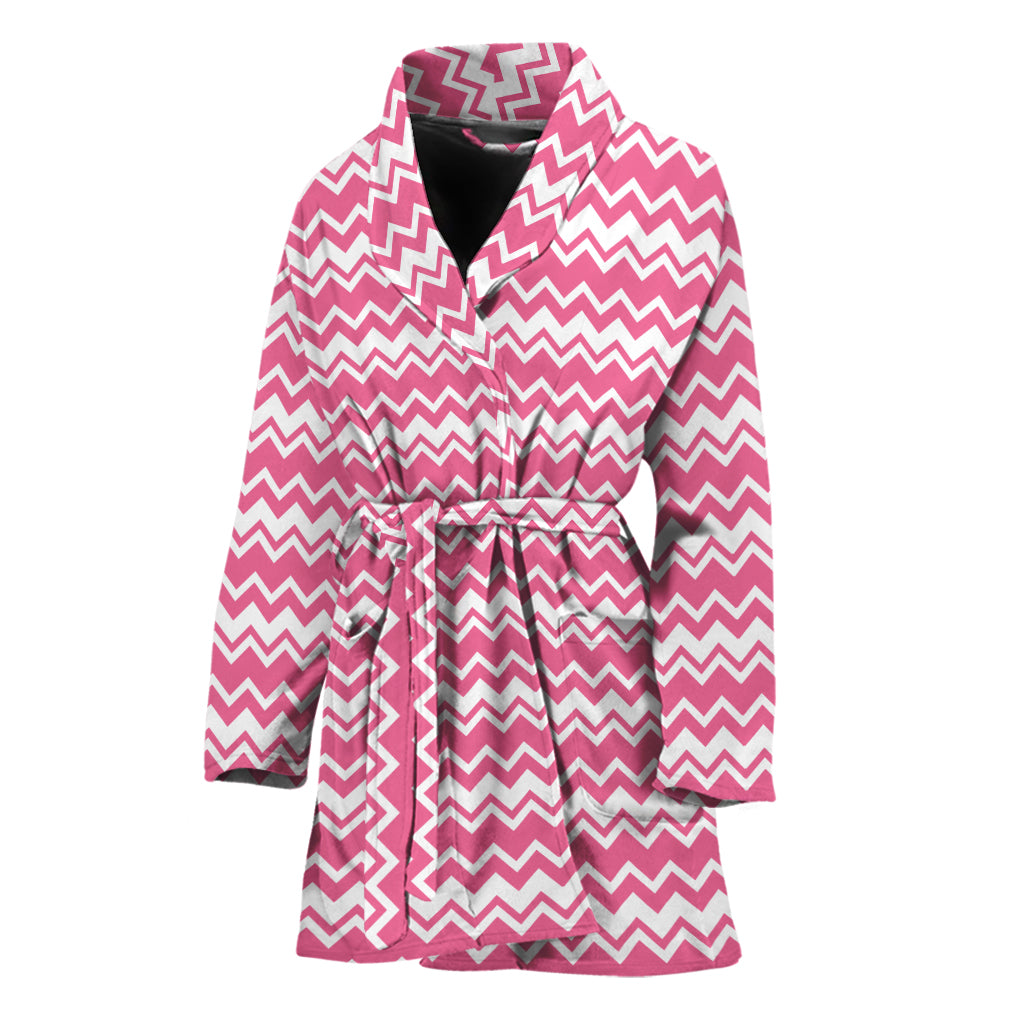 Pink And White Zigzag Pattern Print Women's Bathrobe