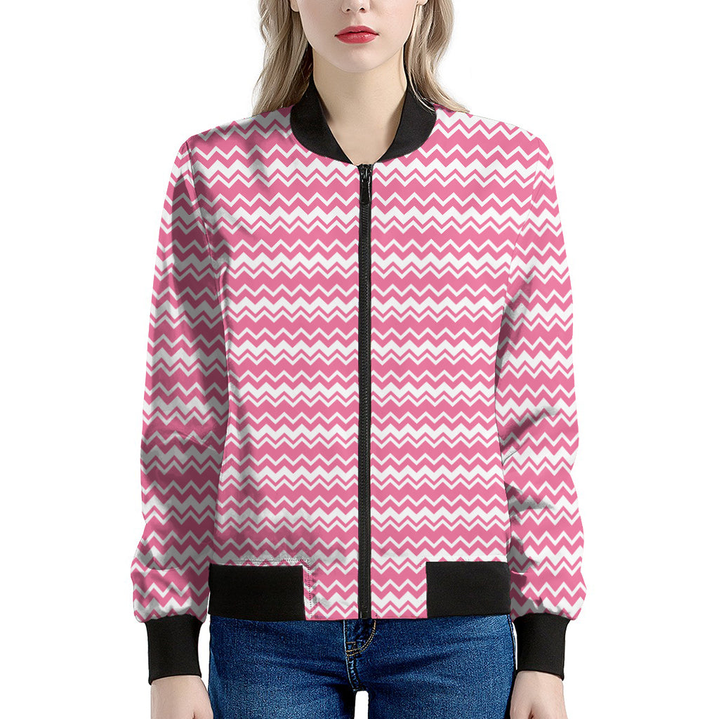 Pink And White Zigzag Pattern Print Women's Bomber Jacket